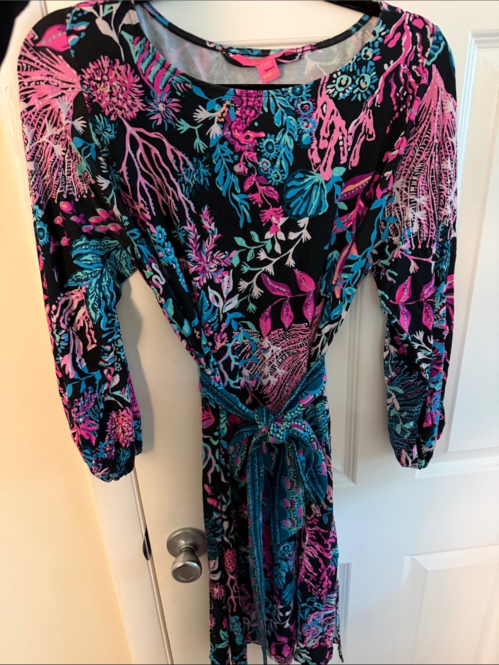 Lilly Pulitzer Floral Belted Midi Dress - Black, Pink & Teal size Small